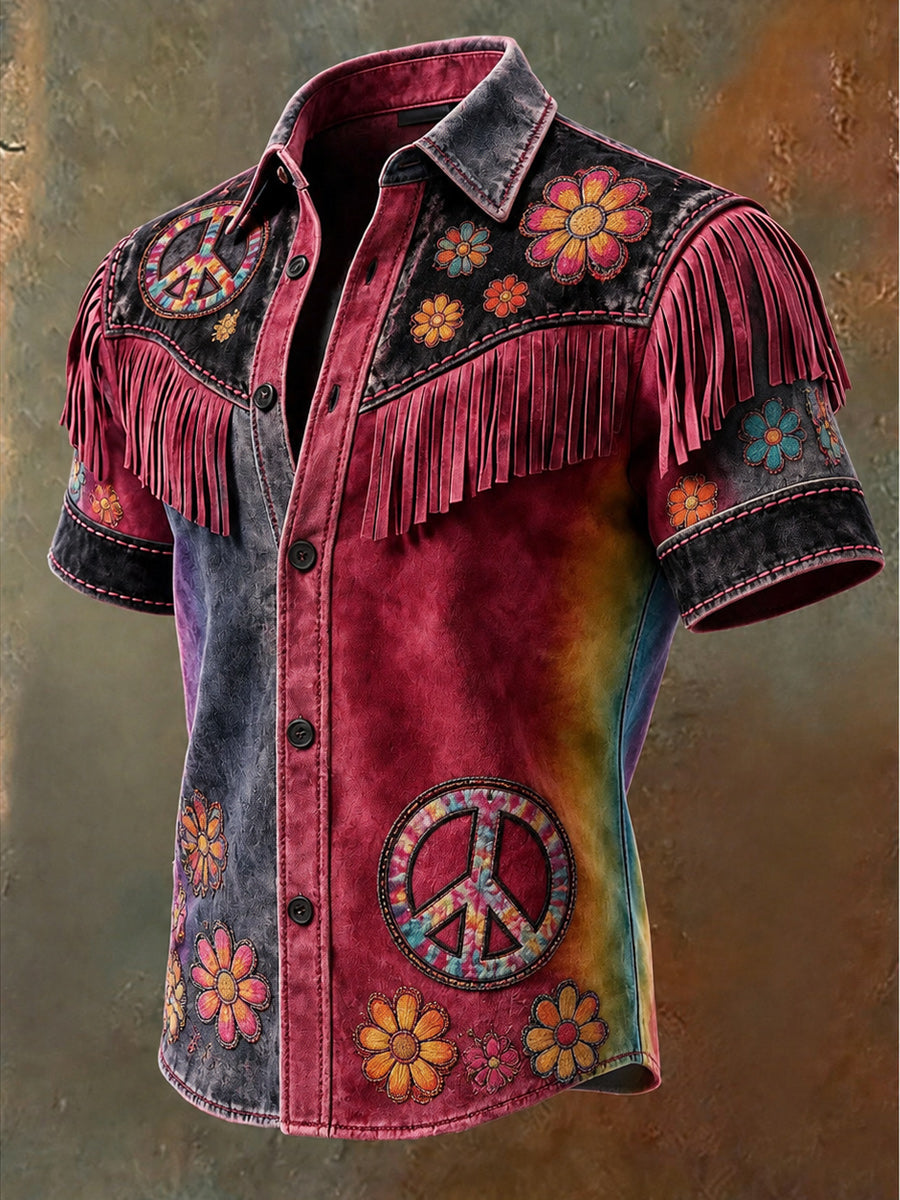 Men's Retro Hippie Art Printed Vintage Tassel Casual Short Sleeves Shirt